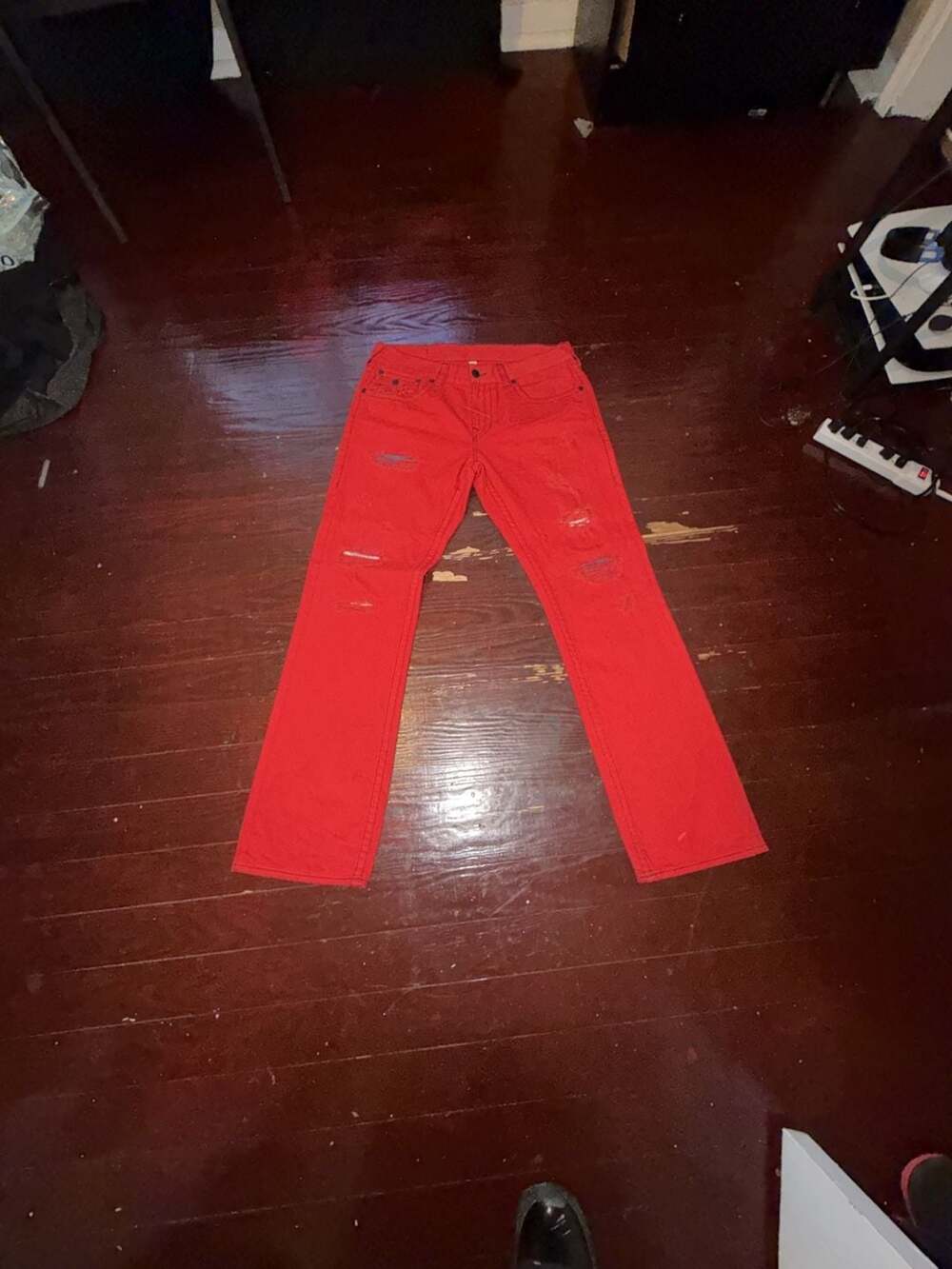 True Religion Red Straight Leg Distressed Jeans Size 34
